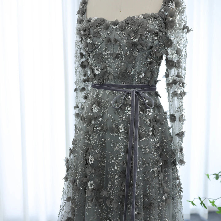 Luxury 3D Flower Gray Long Sleeves Evening Dresses for Wedding Party SS353