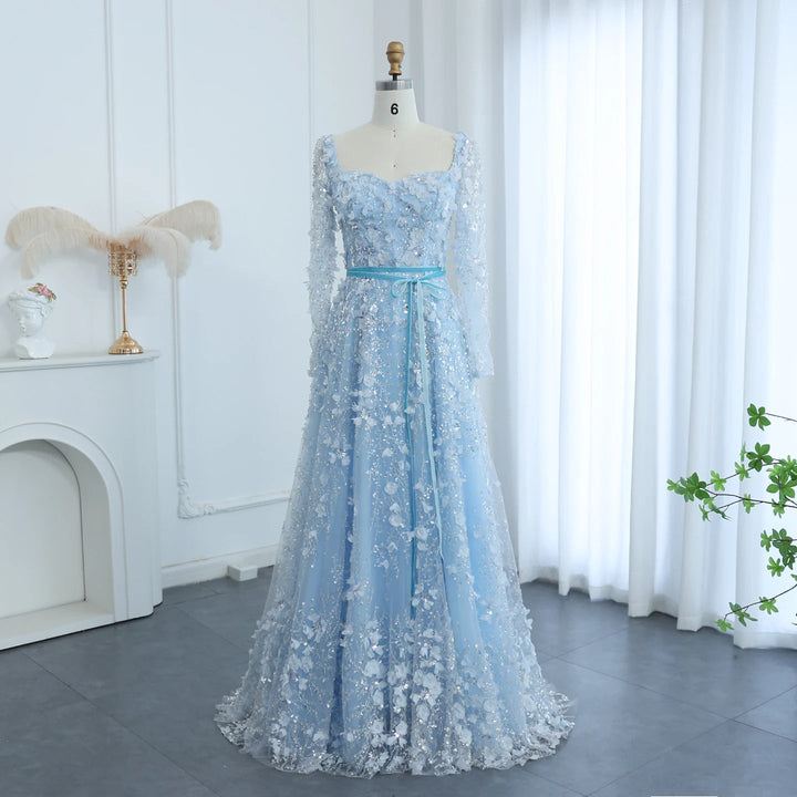 Luxury 3D Flower Gray Long Sleeves Evening Dresses for Wedding Party SS353
