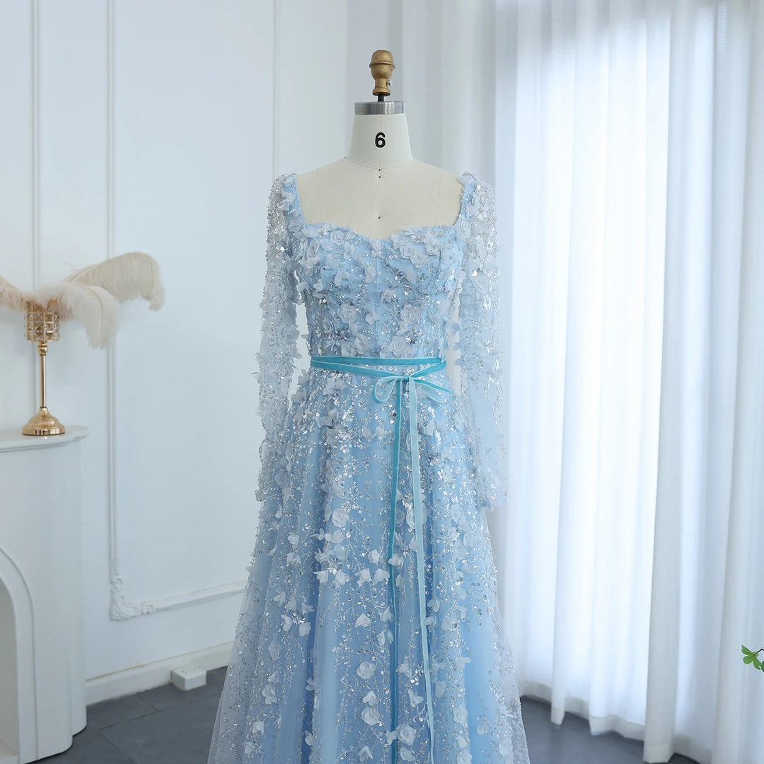 Luxury 3D Flower Gray Long Sleeves Evening Dresses for Wedding Party SS353 Blue / 12 Luxury 3D Flower Gray Long Sleeves Evening Dresses for Wedding Party SS353 Blue / 12