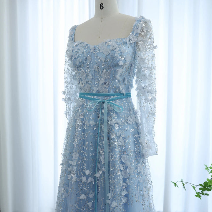 Luxury 3D Flower Gray Long Sleeves Evening Dresses for Wedding Party SS353