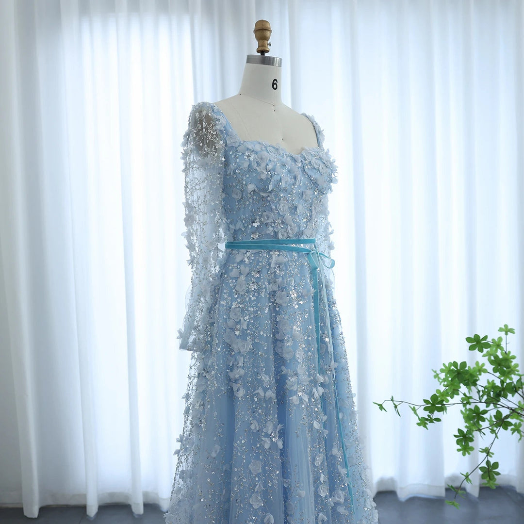 Luxury 3D Flower Gray Long Sleeves Evening Dresses for Wedding Party SS353