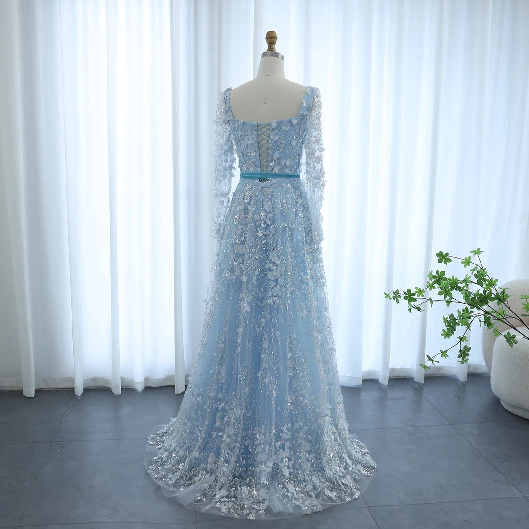 Luxury 3D Flower Gray Long Sleeves Evening Dresses for Wedding Party SS353