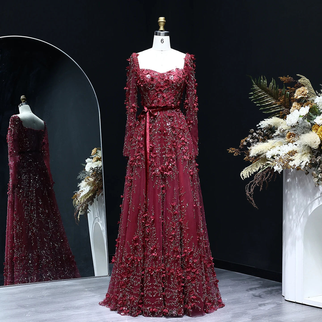 Luxury 3D Flower Gray Long Sleeves Evening Dresses for Wedding Party S DreamyVow Luxury 3D Flower Gray Long Sleeves Evening Dresses for Wedding Party S DreamyVow
