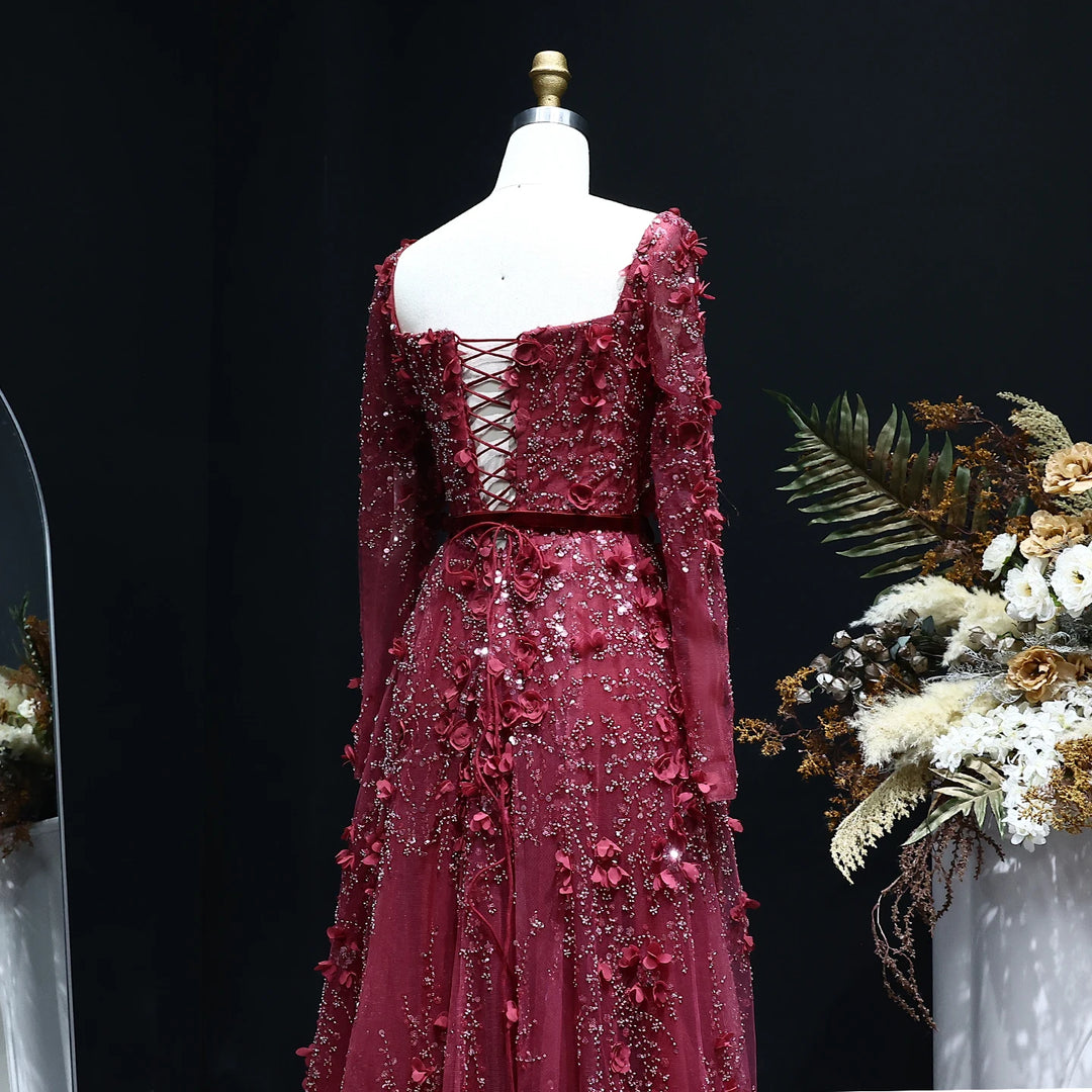 Luxury 3D Flower Gray Long Sleeves Evening Dresses for Wedding Party SS353