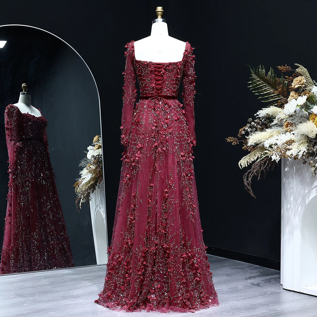 Luxury 3D Flower Gray Long Sleeves Evening Dresses for Wedding Party SS353