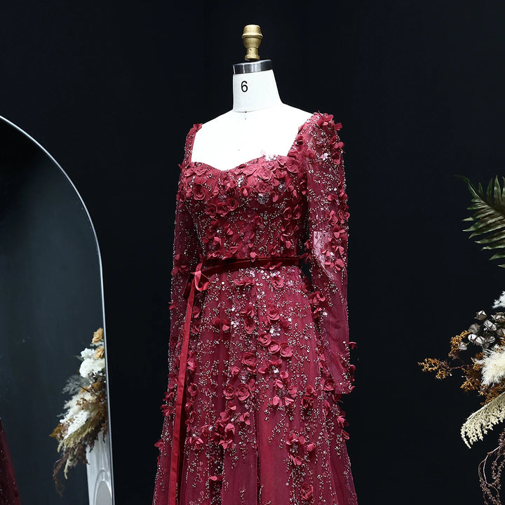 Luxury 3D Flower Gray Long Sleeves Evening Dresses for Wedding Party SS353