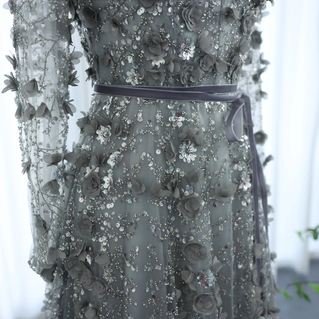 Luxury 3D Flower Gray Long Sleeves Evening Dresses for Wedding Party SS353