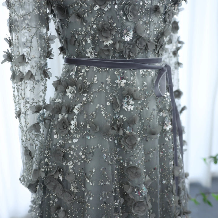 Luxury 3D Flower Gray Long Sleeves Evening Dresses for Wedding Party SS353