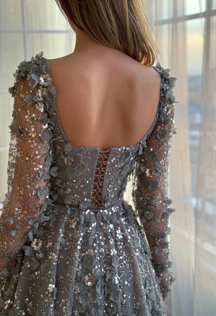 Luxury 3D Flower Gray Long Sleeves Evening Dresses for Wedding Party SS353