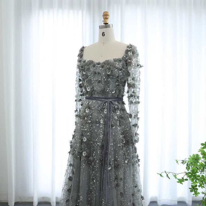 Luxury 3D Flower Gray Long Sleeves Evening Dresses for Wedding Party SS353