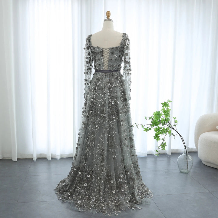 Luxury 3D Flower Gray Long Sleeves Evening Dresses for Wedding Party SS353
