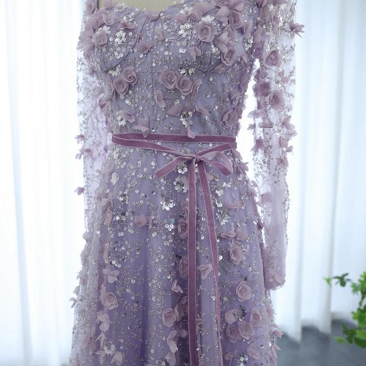 Luxury 3D Flower Gray Long Sleeves Evening Dresses for Wedding Party SS353