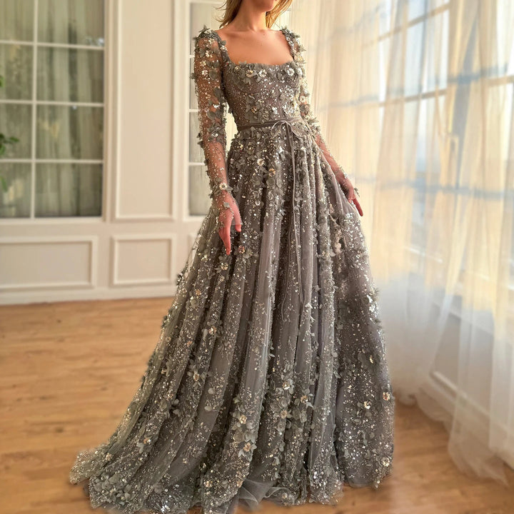 Luxury 3D Flower Gray Long Sleeves Evening Dresses for Wedding Party SS353