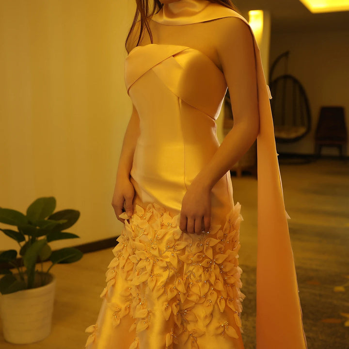 Luxury 3D Leaves Blush Pink Satin Evening Dress with Cape SS463