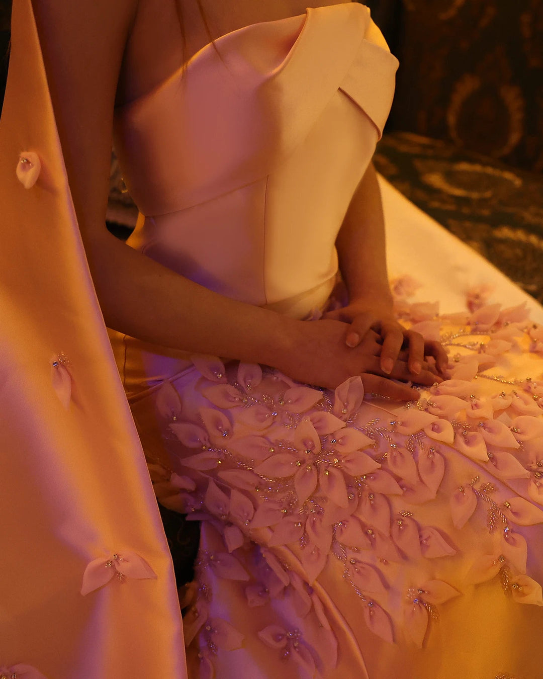 Luxury 3D Leaves Blush Pink Satin Evening Dress with Cape SS463