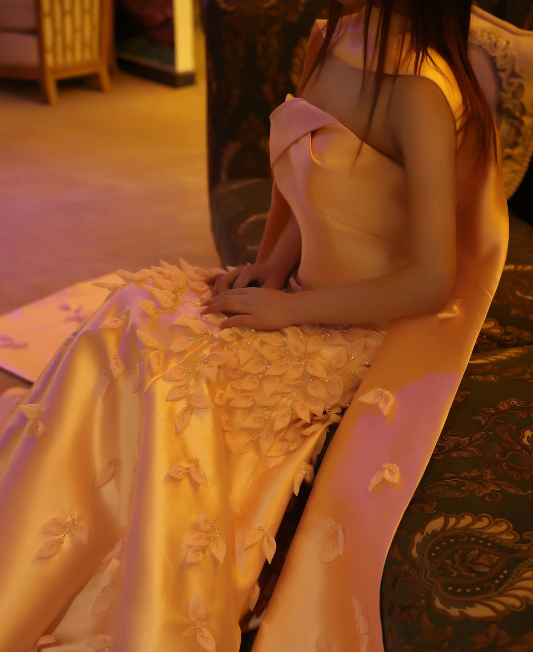 Luxury 3D Leaves Blush Pink Satin Evening Dress with Cape SS463