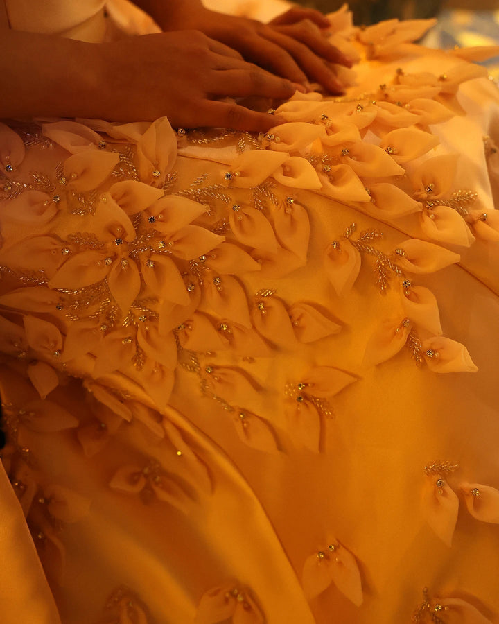 Luxury 3D Leaves Blush Pink Satin Evening Dress with Cape SS463