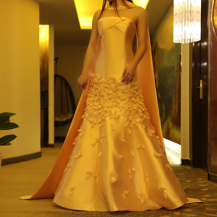 Luxury 3D Leaves Blush Pink Satin Evening Dress with Cape SS463