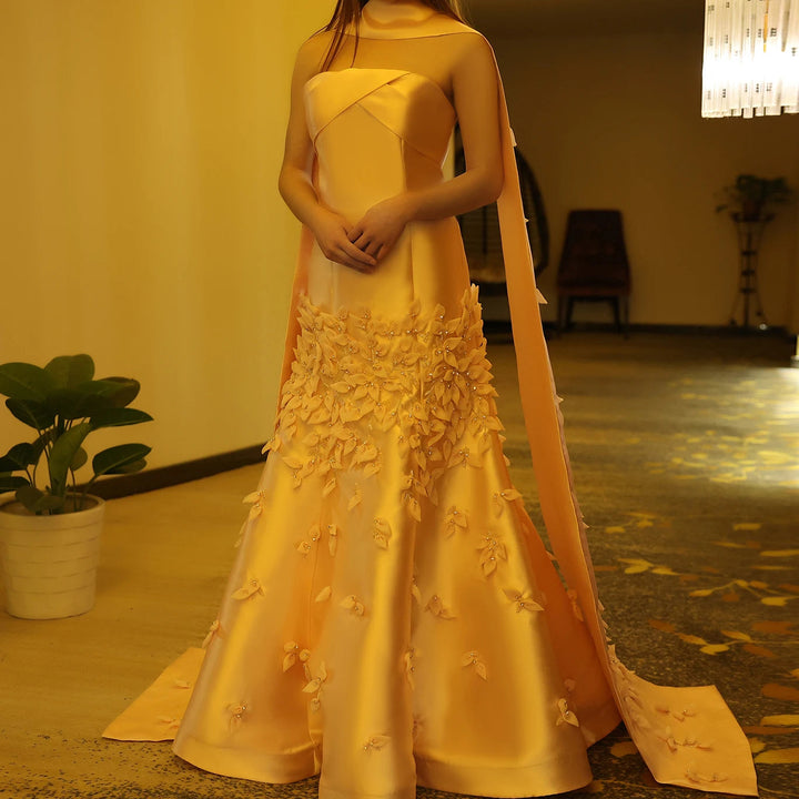 Luxury 3D Leaves Blush Pink Satin Evening Dress with Cape SS463