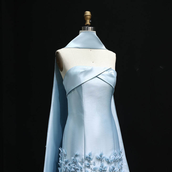 Luxury 3D Leaves Blush Pink Satin Evening Dress with Cape SS463
