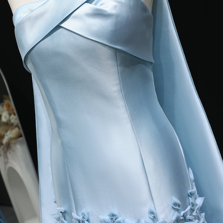 Luxury 3D Leaves Blush Pink Satin Evening Dress with Cape SS463