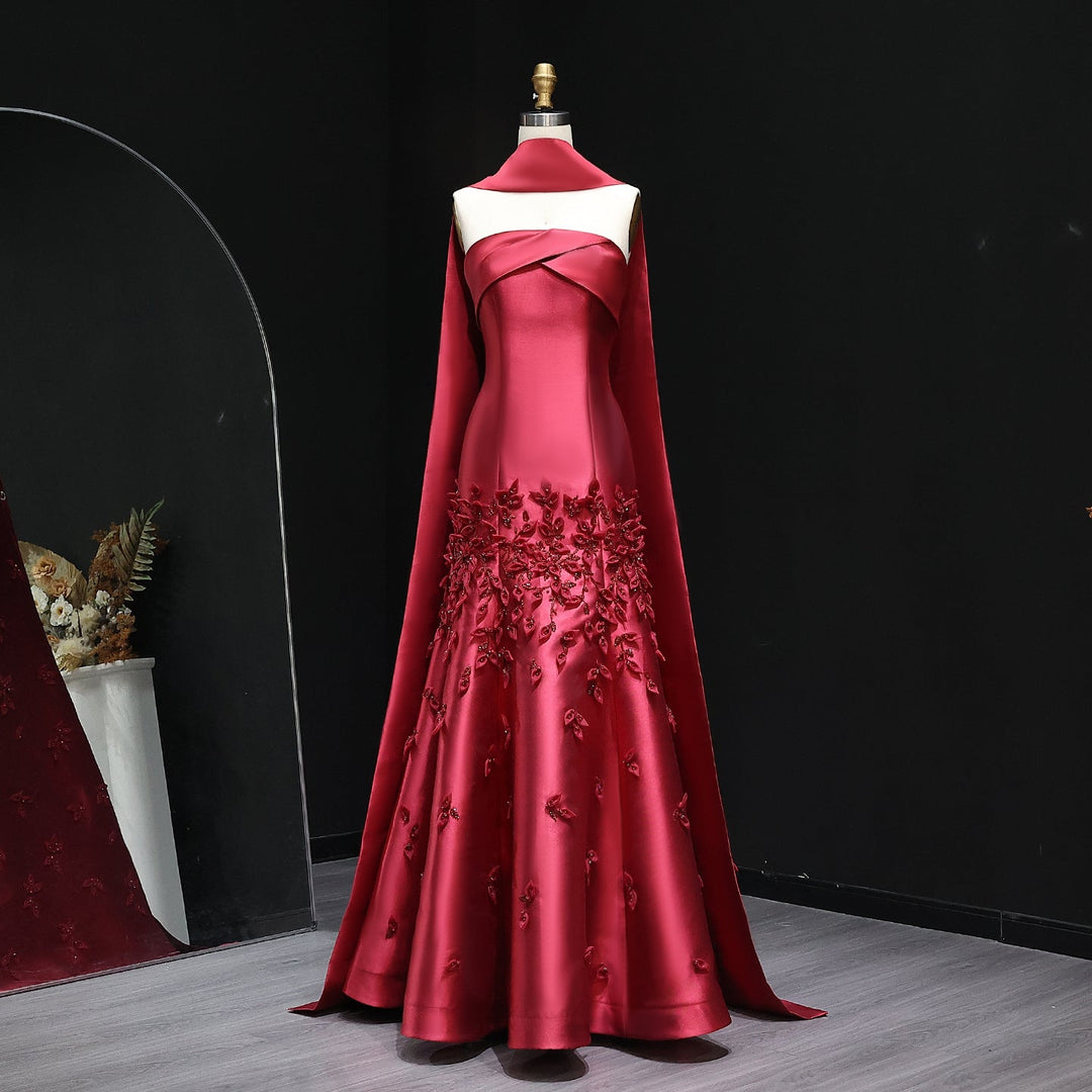 Luxury 3D Leaves Blush Pink Satin Evening Dress with Cape SS463