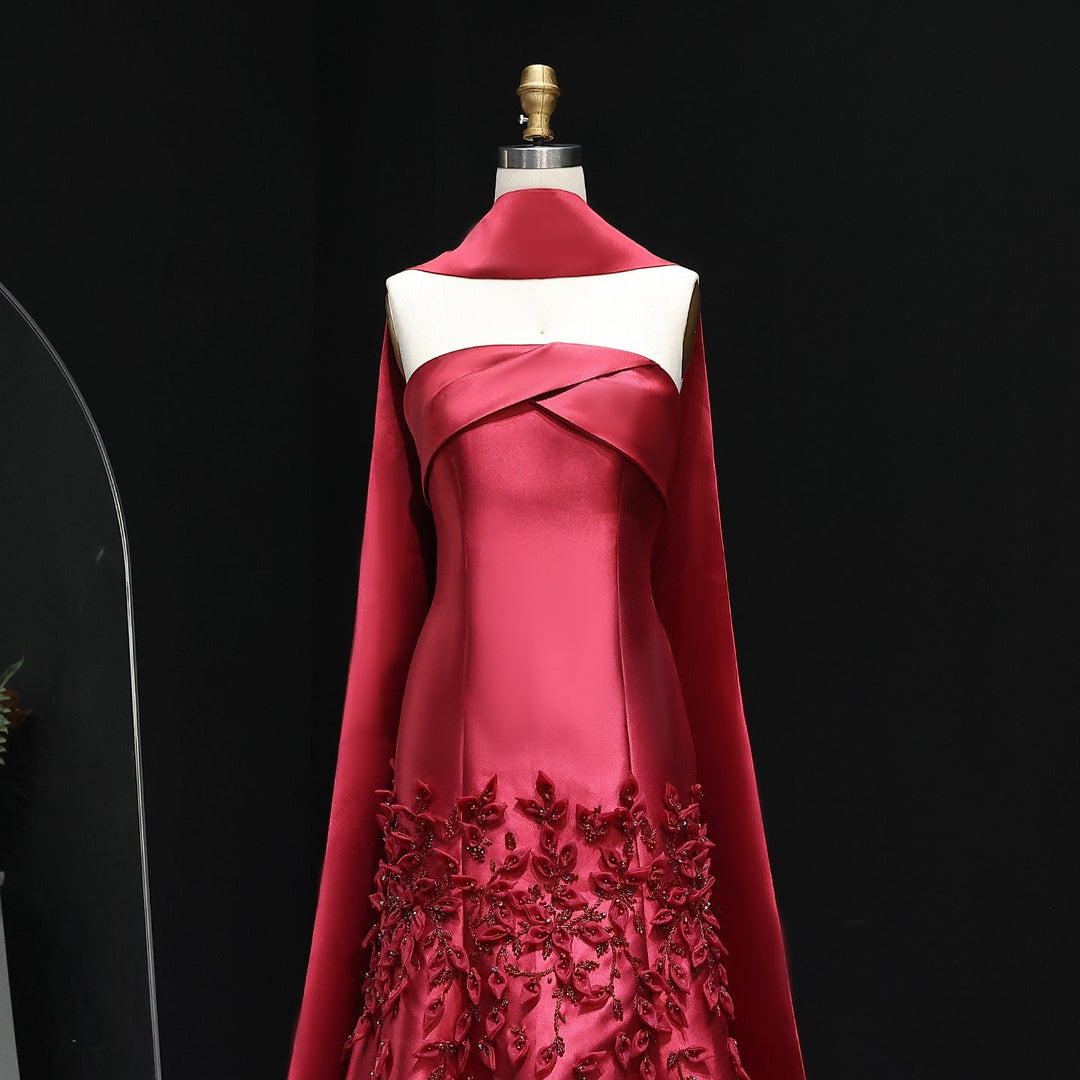 Luxury 3D Leaves Blush Pink Satin Evening Dress with Cape SS463