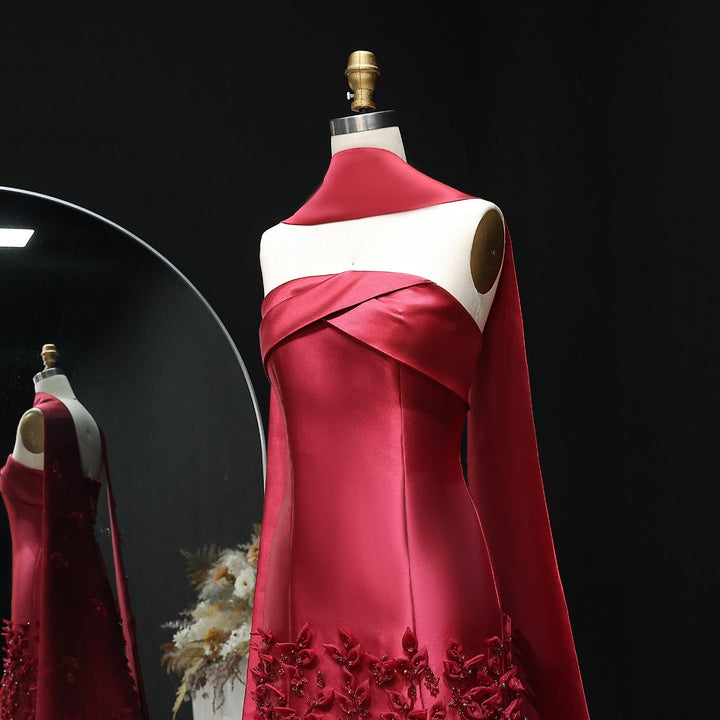 Luxury 3D Leaves Blush Pink Satin Evening Dress with Cape SS463