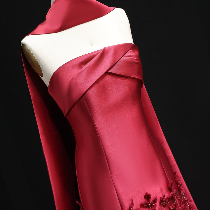 Luxury 3D Leaves Blush Pink Satin Evening Dress with Cape SS463