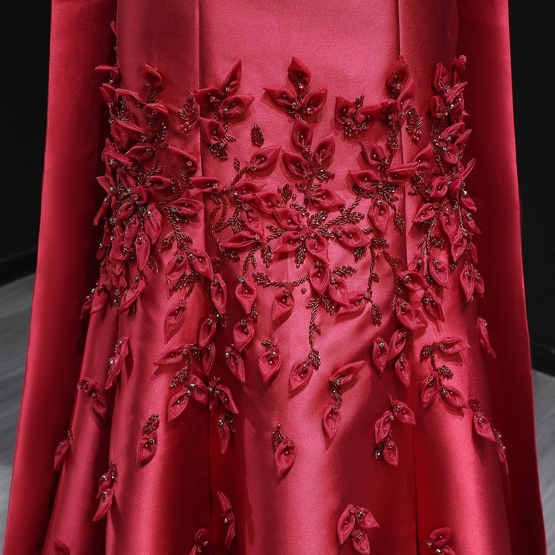 Luxury 3D Leaves Blush Pink Satin Evening Dress with Cape SS463