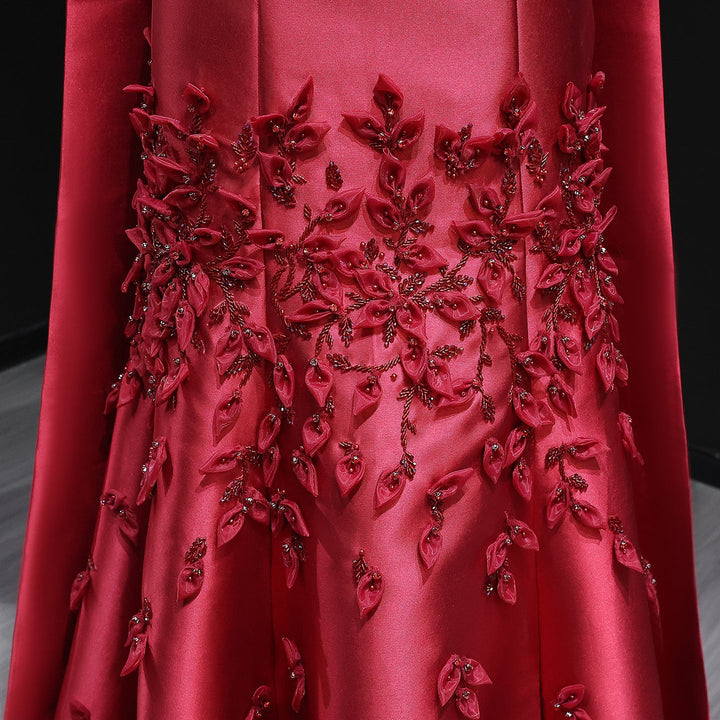 Luxury 3D Leaves Blush Pink Satin Evening Dress with Cape SS463