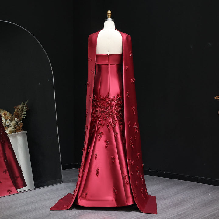 Luxury 3D Leaves Blush Pink Satin Evening Dress with Cape SS463