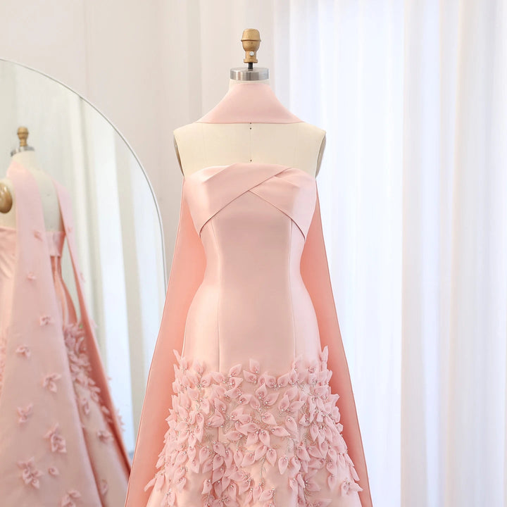 Luxury 3D Leaves Blush Pink Satin Evening Dress with Cape SS463
