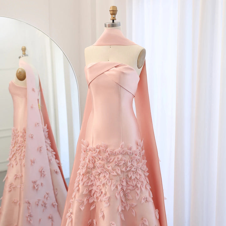 Luxury 3D Leaves Blush Pink Satin Evening Dress with Cape SS463