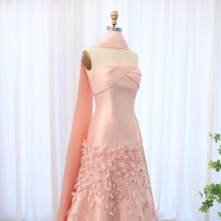 Luxury 3D Leaves Blush Pink Satin Evening Dress with Cape SS463