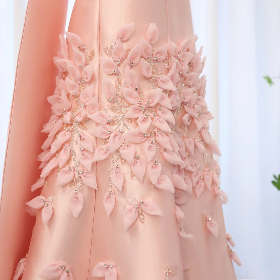 Luxury 3D Leaves Blush Pink Satin Evening Dress with Cape SS463