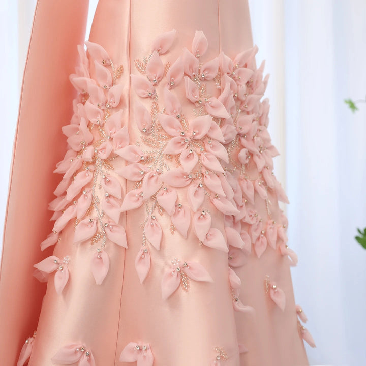 Luxury 3D Leaves Blush Pink Satin Evening Dress with Cape SS463