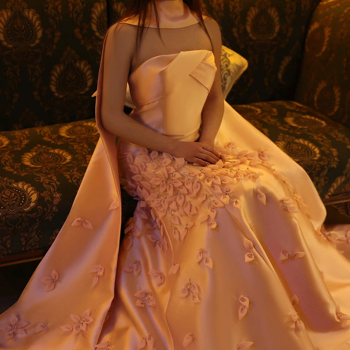 Luxury 3D Leaves Blush Pink Satin Evening Dress with Cape SS463