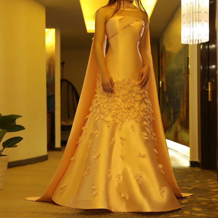 Luxury 3D Leaves Blush Pink Satin Evening Dress with Cape SS463
