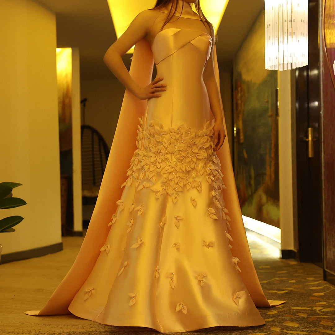 Luxury 3D Leaves Blush Pink Satin Evening Dress with Cape SS463