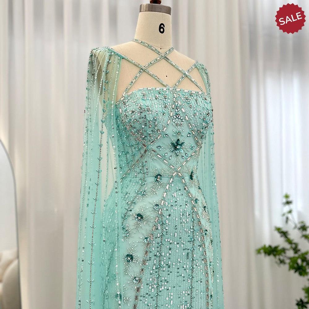 Luxury Aqua Lilac Mermaid Evening Dress with Cape Sleeves SS391