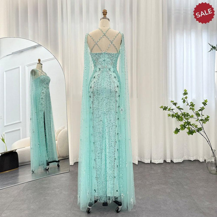 Luxury Aqua Lilac Mermaid Evening Dress with Cape Sleeves SS391
