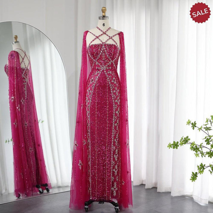 Luxury Aqua Lilac Mermaid Evening Dress with Cape Sleeves SS391