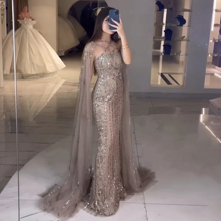 Luxury Aqua Lilac Mermaid Evening Dress with Cape Sleeves SS391