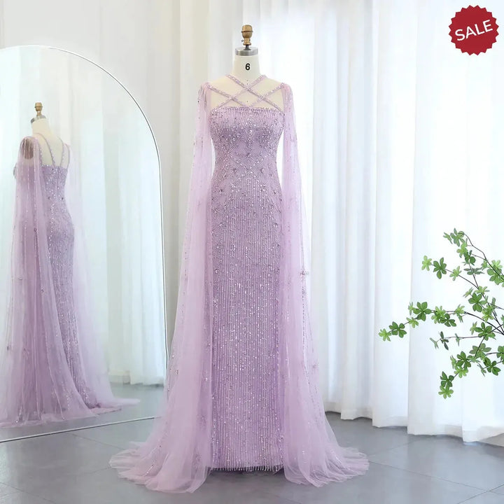 Luxury Aqua Lilac Mermaid Evening Dress with Cape Sleeves SS391