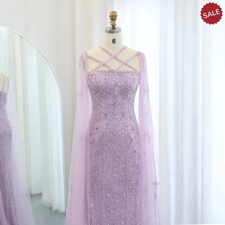 Luxury Aqua Lilac Mermaid Evening Dress with Cape Sleeves SS391