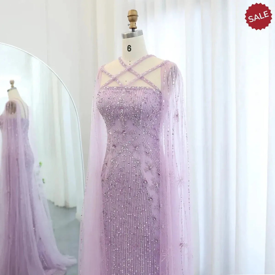 Luxury Aqua Lilac Mermaid Evening Dress with Cape Sleeves SS391