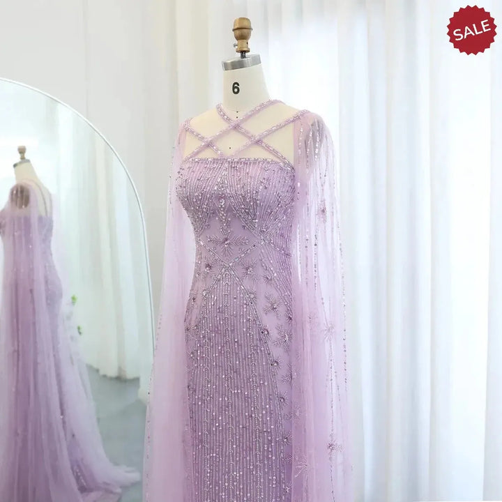 Luxury Aqua Lilac Mermaid Evening Dress with Cape Sleeves SS391