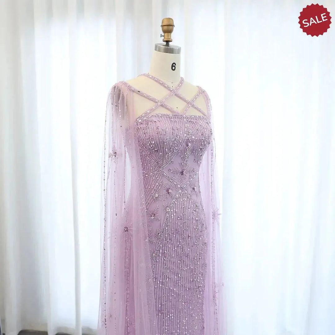 Luxury Aqua Lilac Mermaid Evening Dress with Cape Sleeves SS391