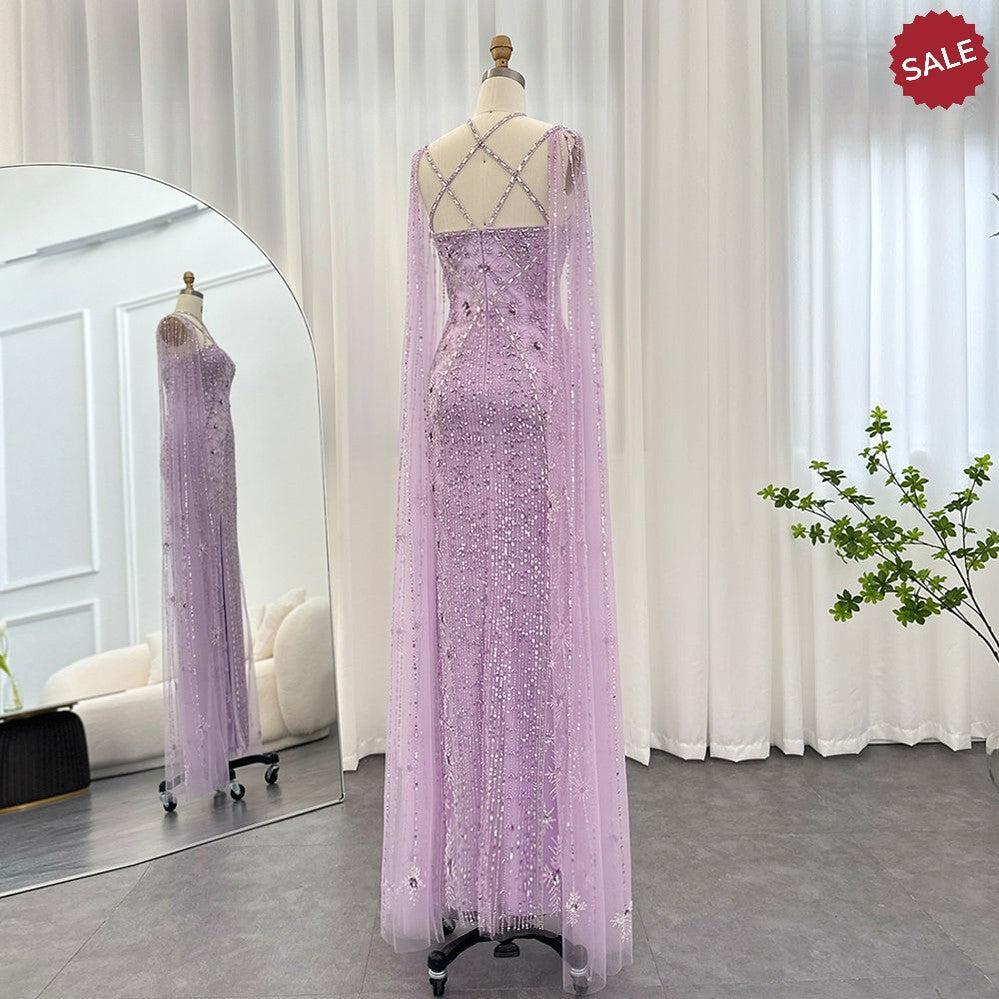 Luxury Aqua Lilac Mermaid Evening Dress with Cape Sleeves SS391